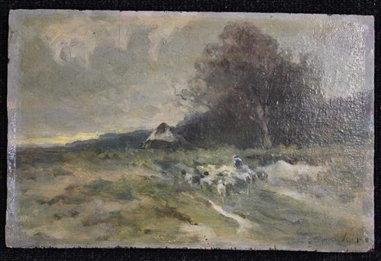 Anton Mauve (1838-1888) Shepherd and flock in a landscape, 5.75 x 8.75in., unframed